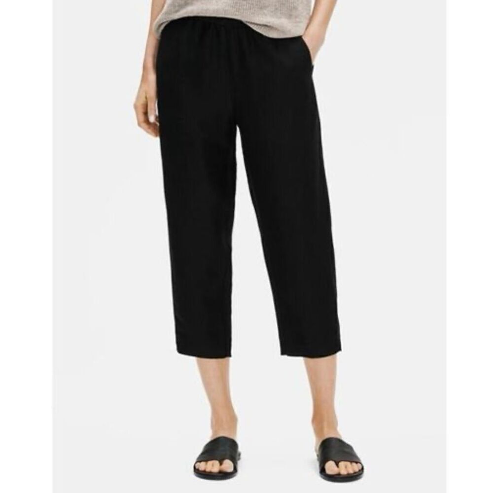 Eileen Fisher black straight crop linen blend pant large petite